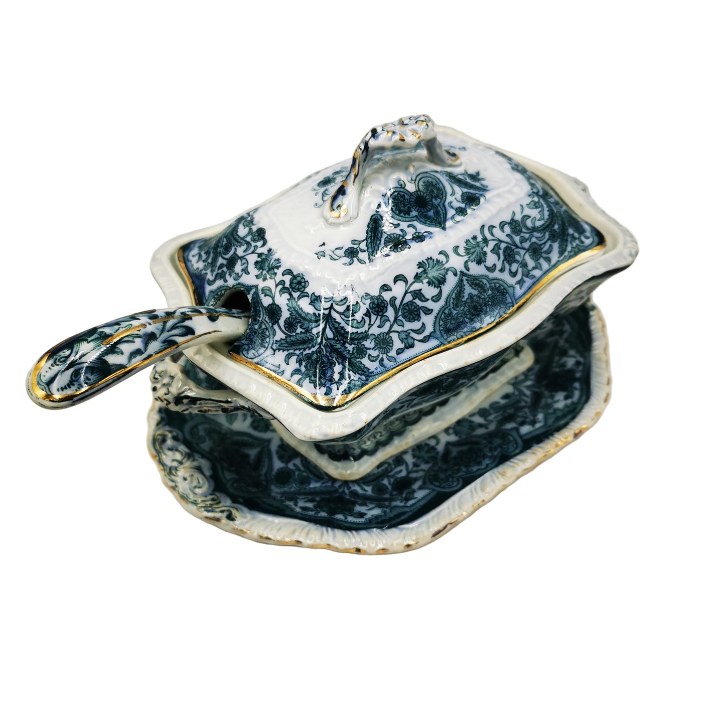 Antique Sampson Bridgwood Grecian Blue and White China Sauce Tureen Set