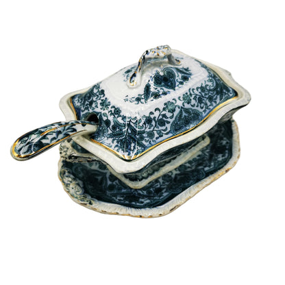 Antique Sampson Bridgwood Grecian Blue and White China Sauce Tureen Set