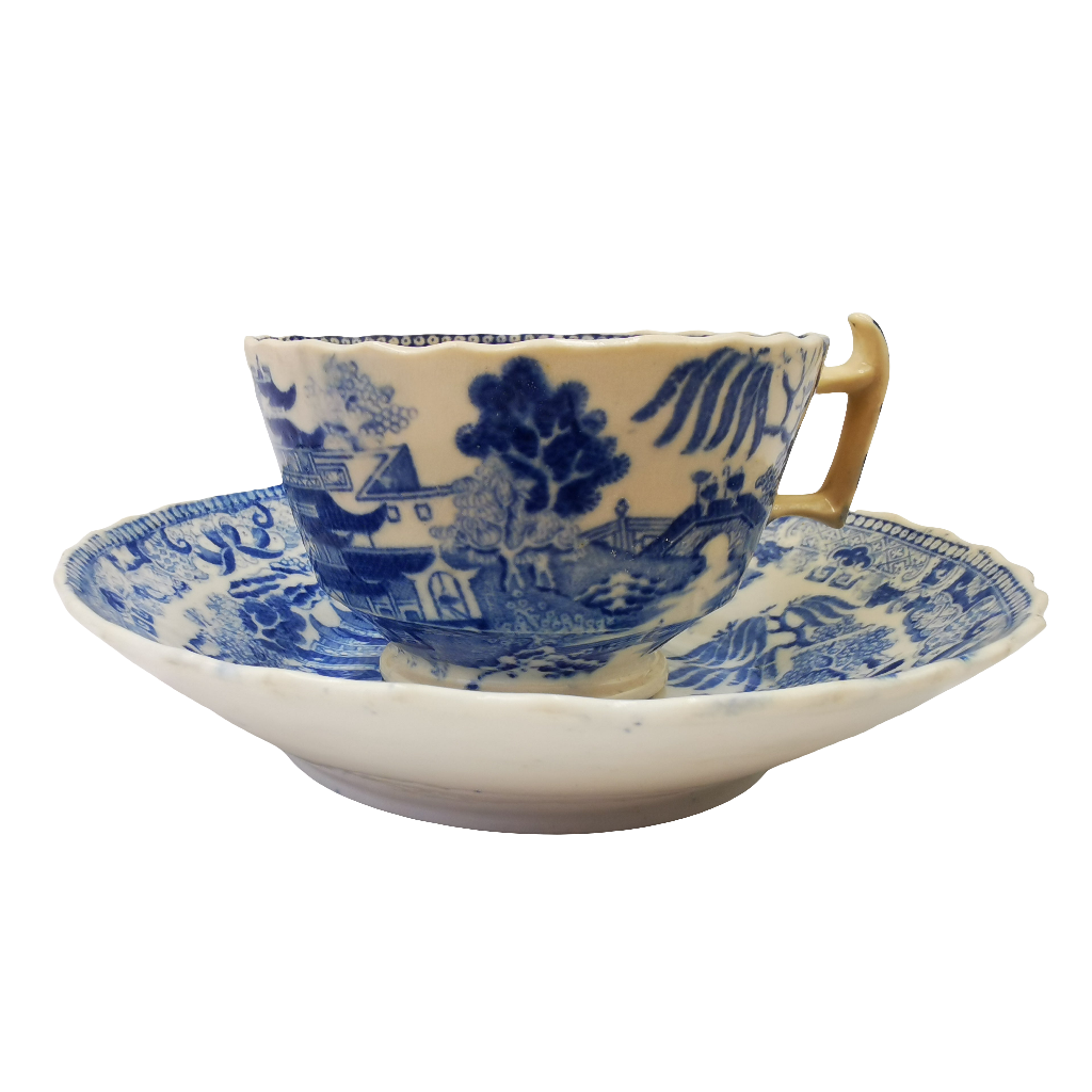 Antique English Blue and White Porcelain China Temples Tea Cup & Saucer