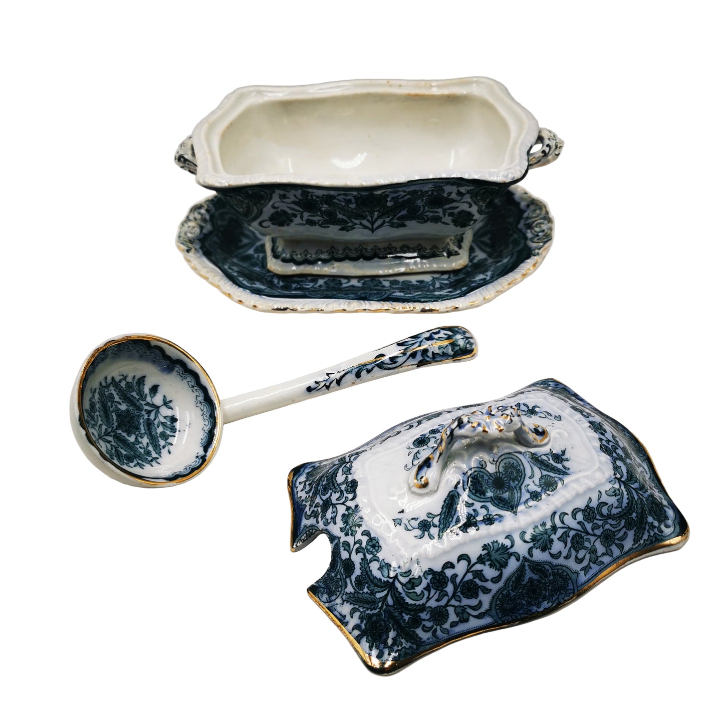 Antique Sampson Bridgwood Grecian Blue and White China Sauce Tureen Set