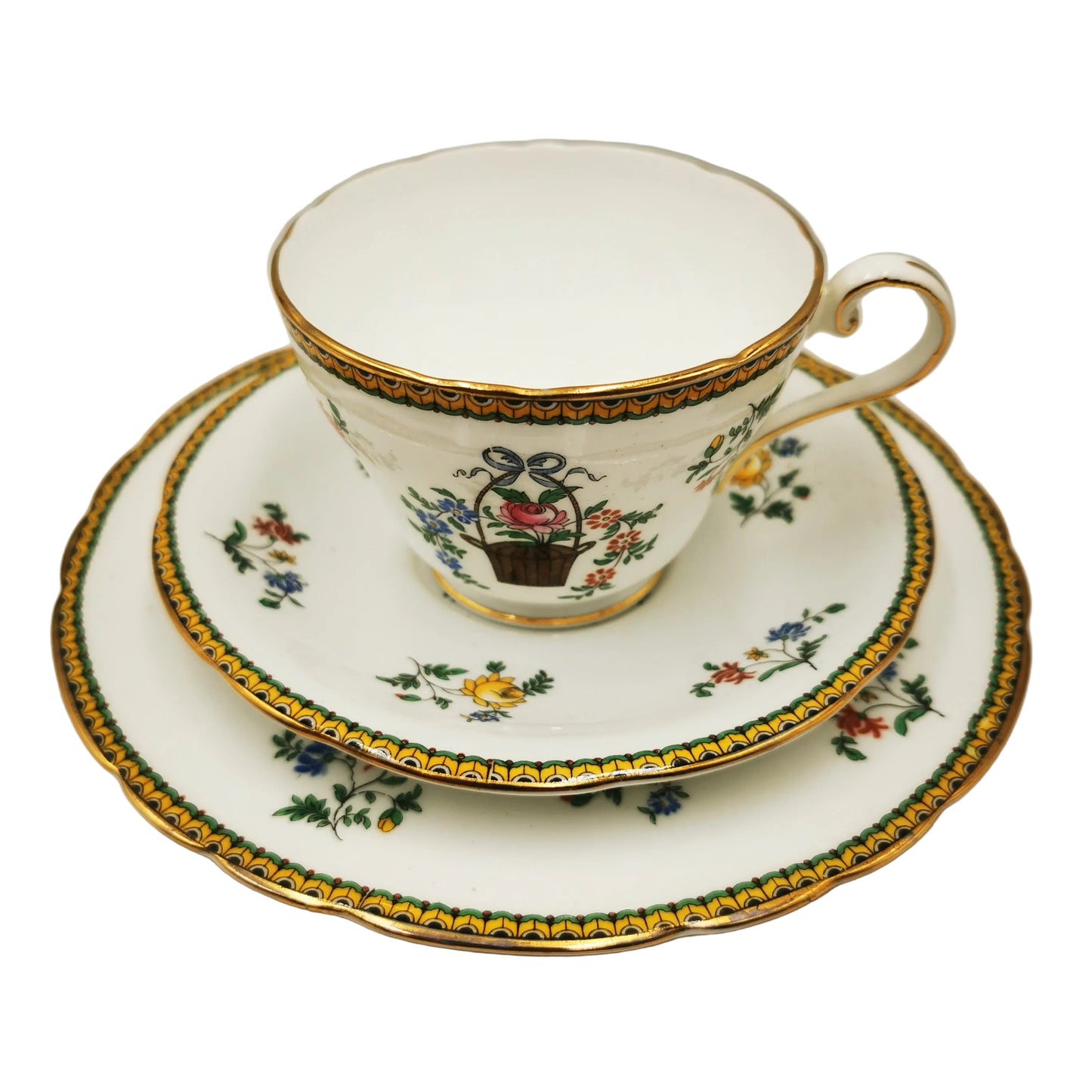 Aynsley China Flower Basket B204 Teacup Saucer and Large Side Plate Trio