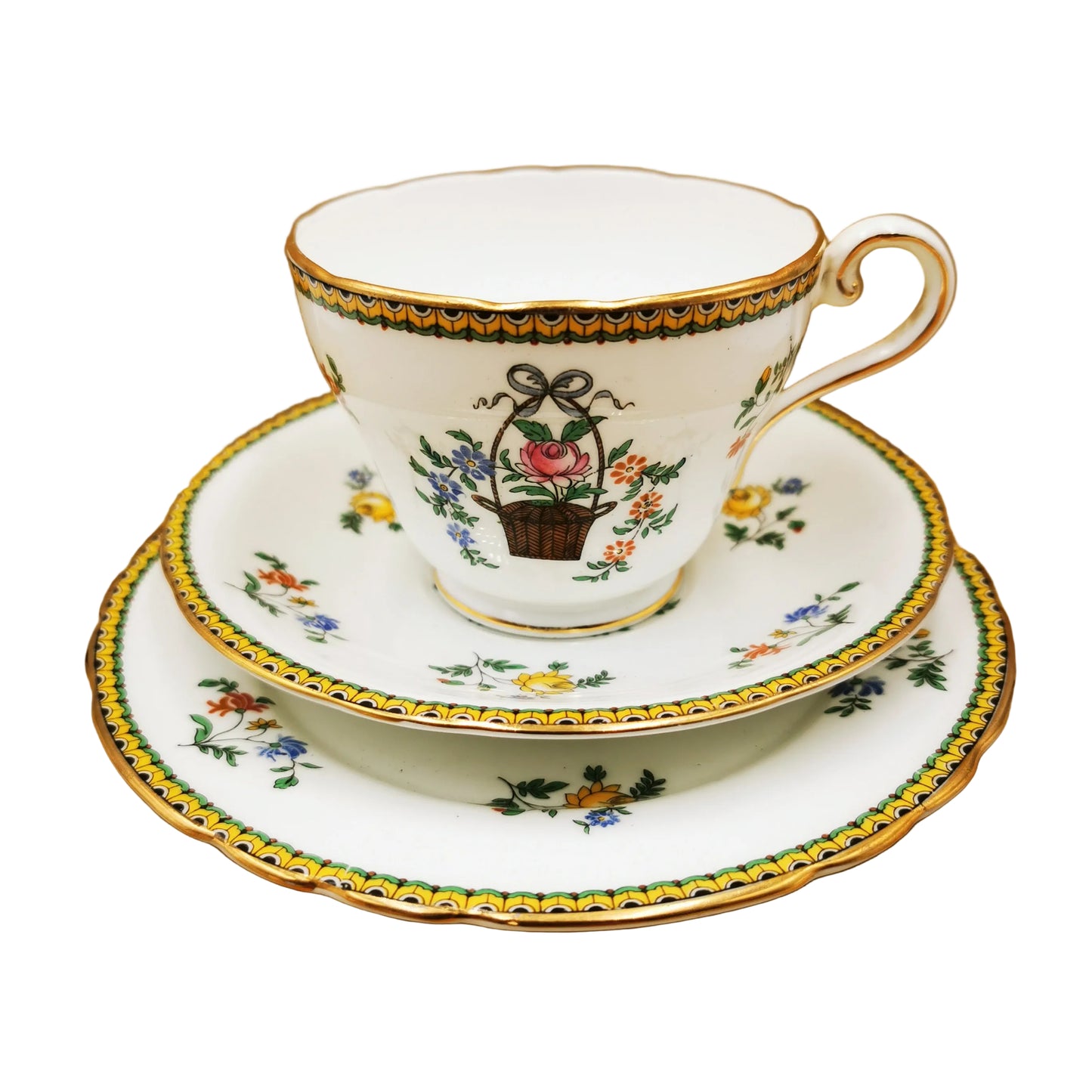 Aynsley China Flower Basket B204 Teacup Saucer and Side Plate Trio