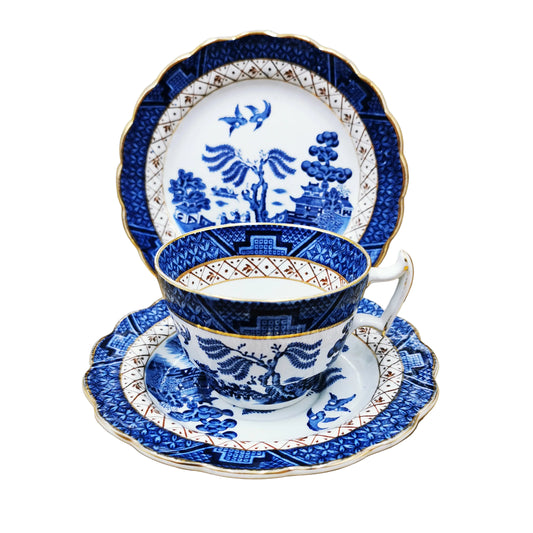 Booths Real Old Willow Blue and White China Teacup Saucer & Side Plate Trio
