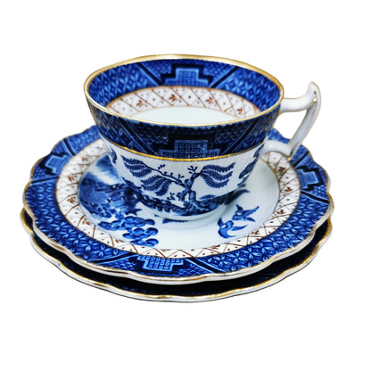 Booths-Real-Old-Willow-Blue-and-White-China-Teacup-Saucer-&-Side-Plate-Trio