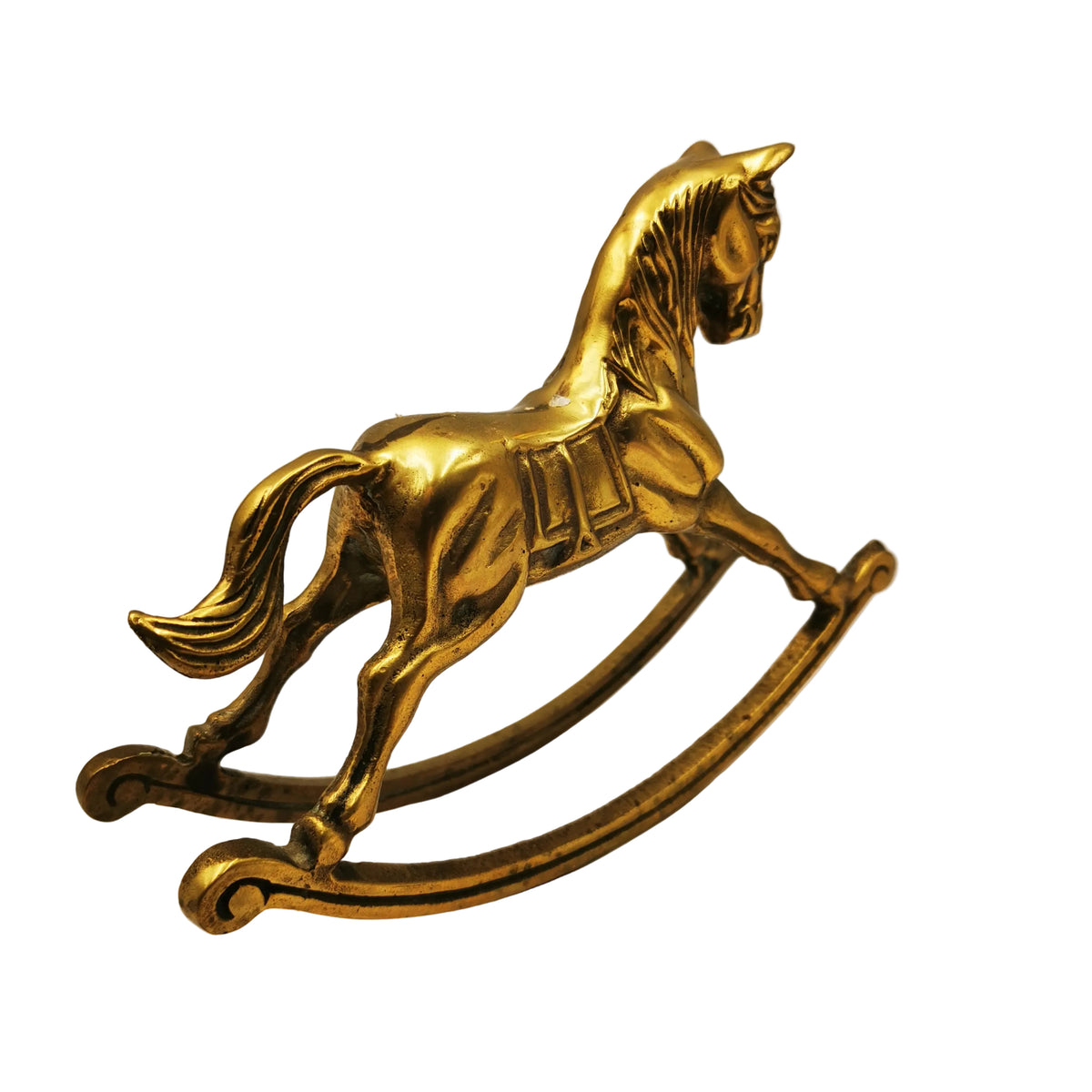 A vintage-style metallic gold rocking horse figurine on a plain light gray background.