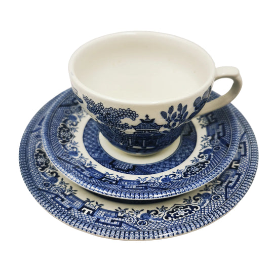 Broadhurst Blue and White Willow China Teacup Trio