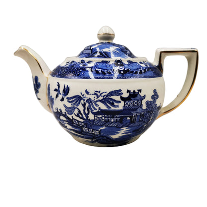 Burgess-&-Leigh-Burleigh-Ware-Willow-Blue-and-White-China-Teapot