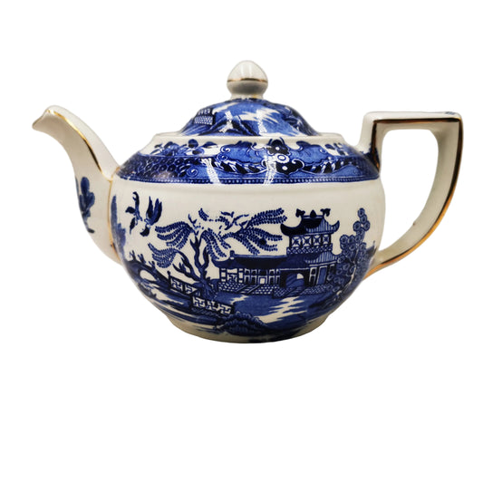 Burgess-&-Leigh-Burleigh-Ware-Willow-Blue-and-White-China-Teapot