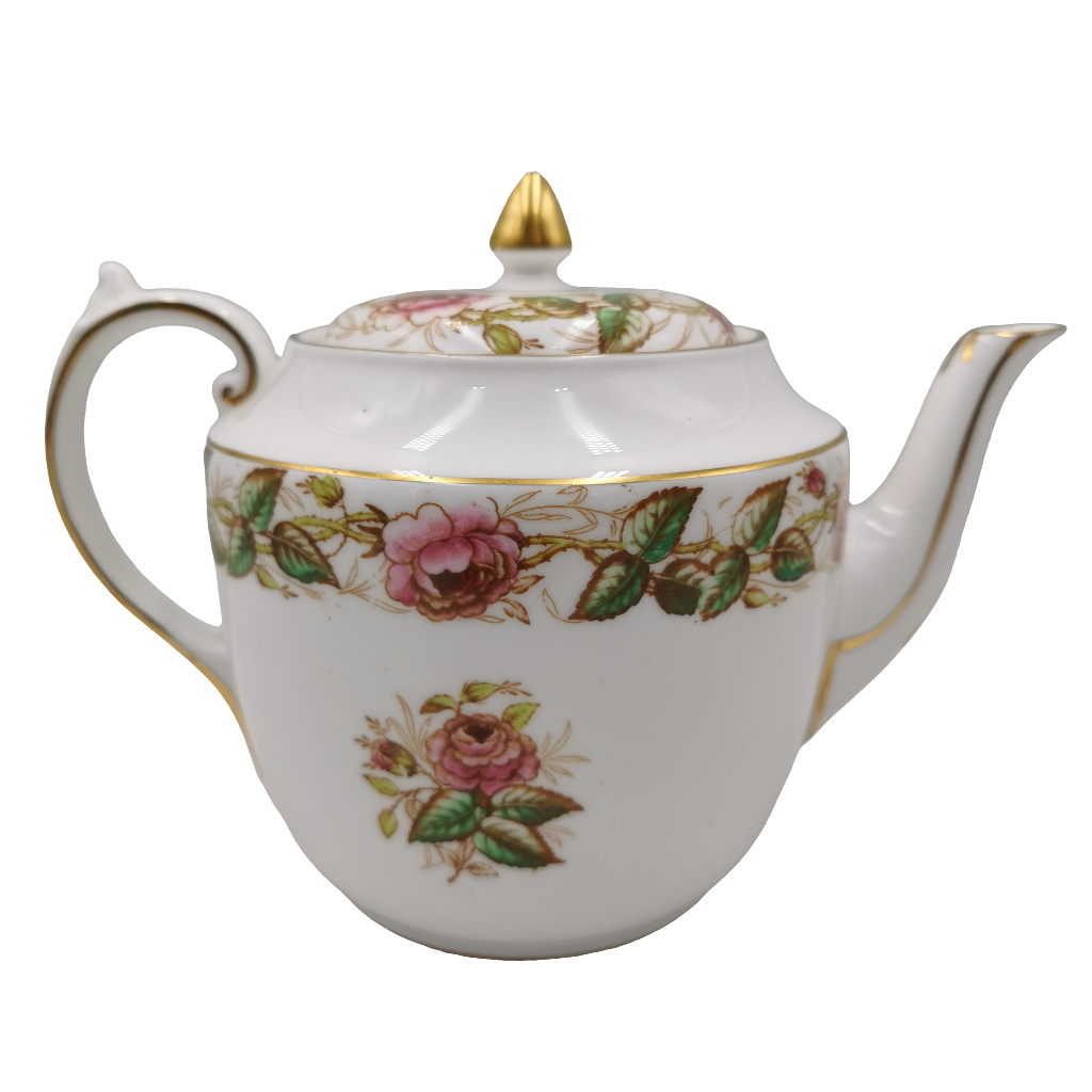 Cartwright & Edwards Victoria China Chelsea Tea Pot White teapot with floral designs and gold accents on a white background