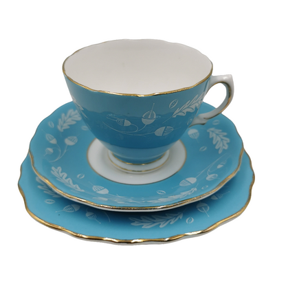 Colclough Blue Acorn China 7582 Teacup Saucer and Side Plate Trio