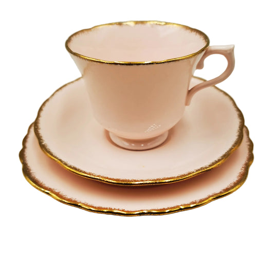 H.J. Colclough Vale Pink Ground China Teacup Trio