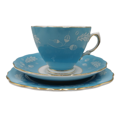 Colclough Blue Acorn China 7582 Teacup Saucer and Side Plate Trio