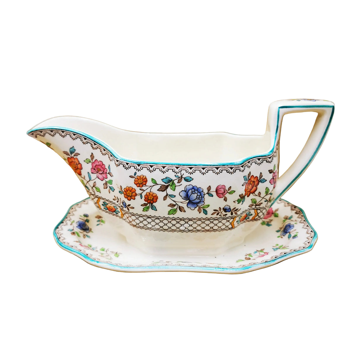Copeland Spode Audley Green Rim Gravy Boat and Fixed Saucer