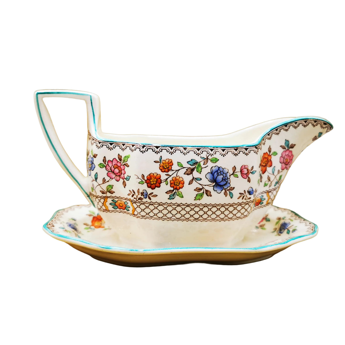 Copeland-Spode-Audley-Green-Rim-Gravy-Boat-and-Fixed-Saucer