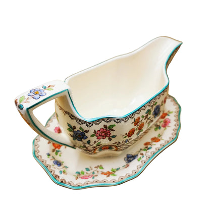 Copeland-Spode-Audley-Green-Rim-Gravy-Boat-and-Fixed-Saucers