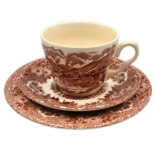 nglish Ironstone Tableware Brown and White lake District China Teacup Saucer and Side Plate