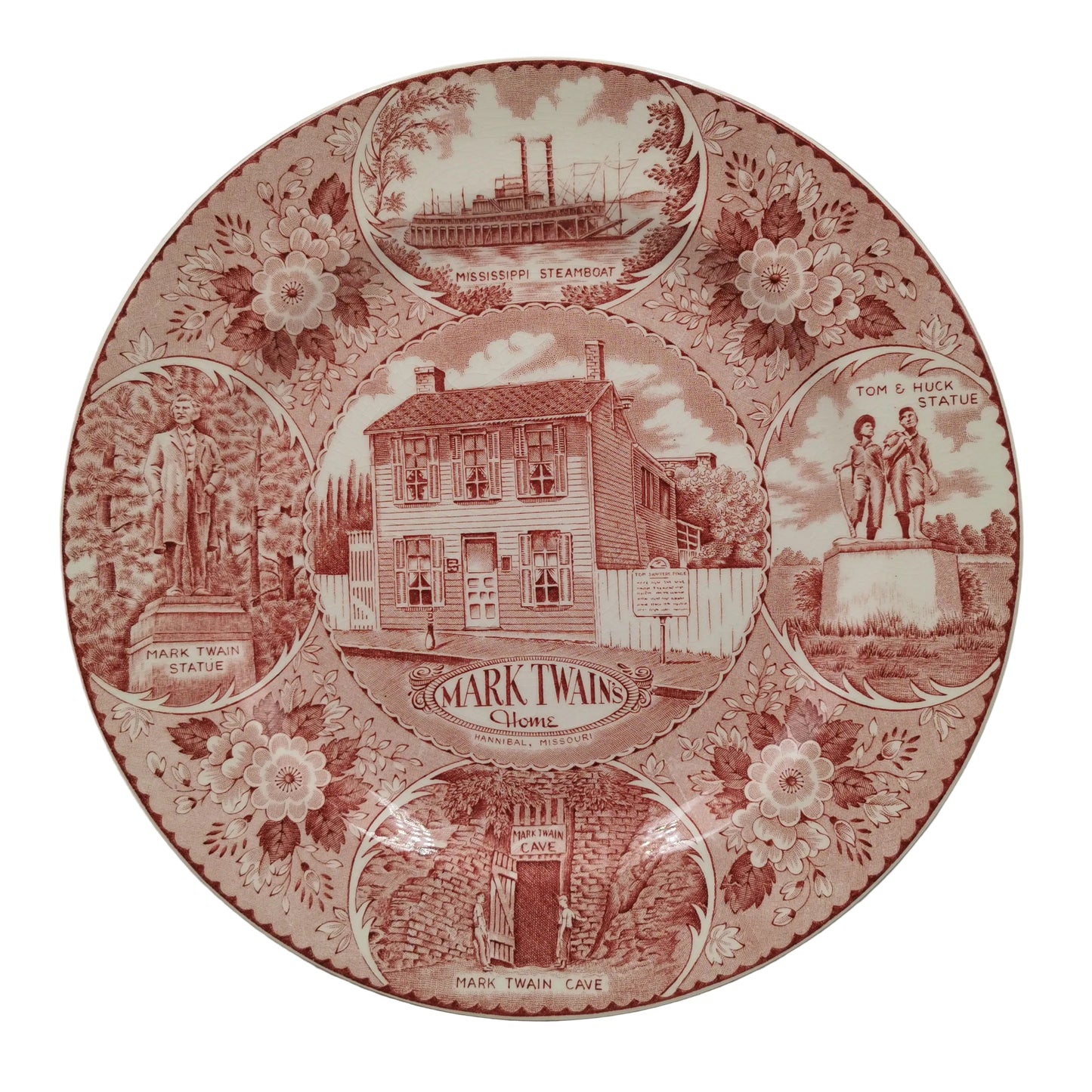 Enco National Mark Twain Red and White China Dinner 10-inch Plate