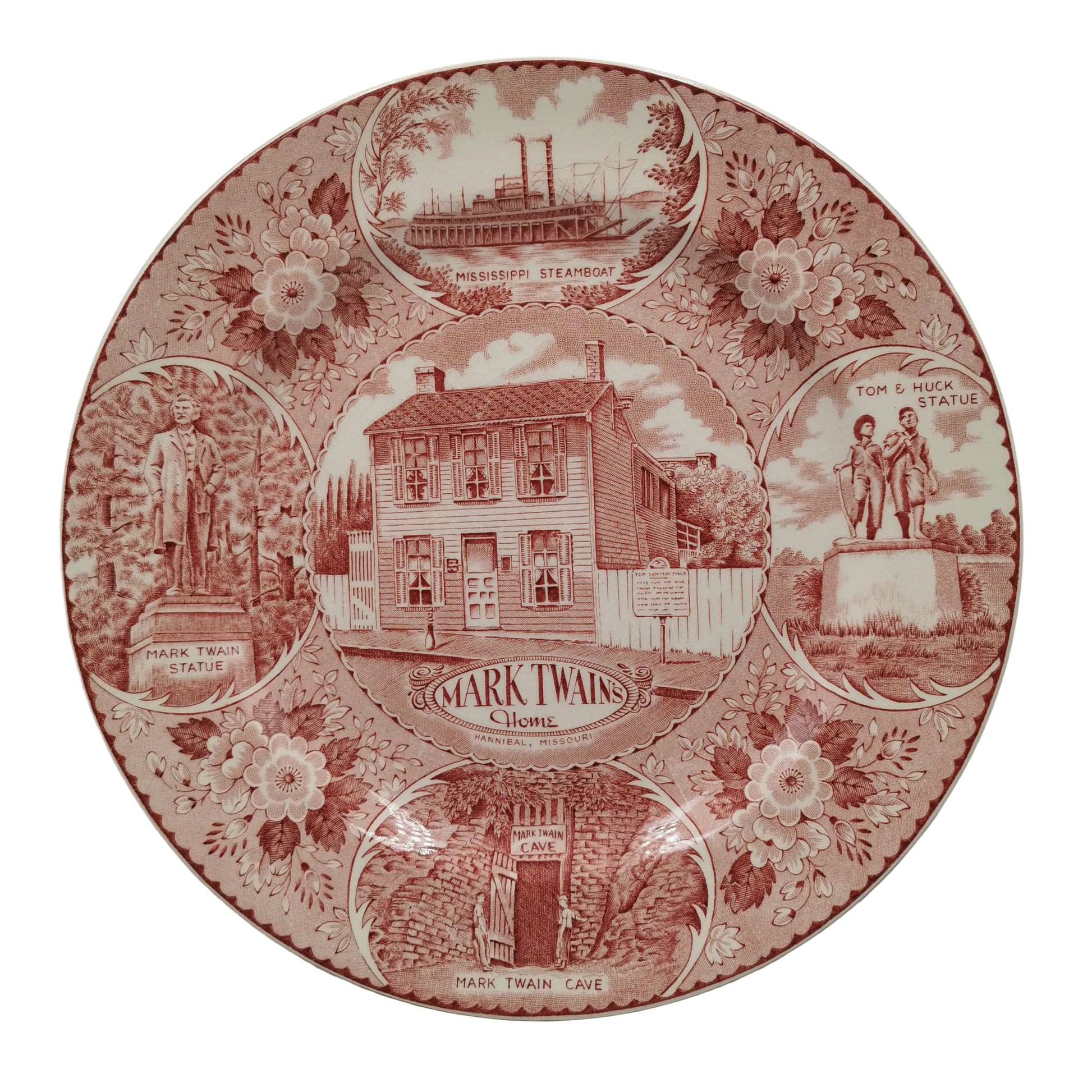 Enco National Mark Twain Red and White China Dinner 10-inch Plate