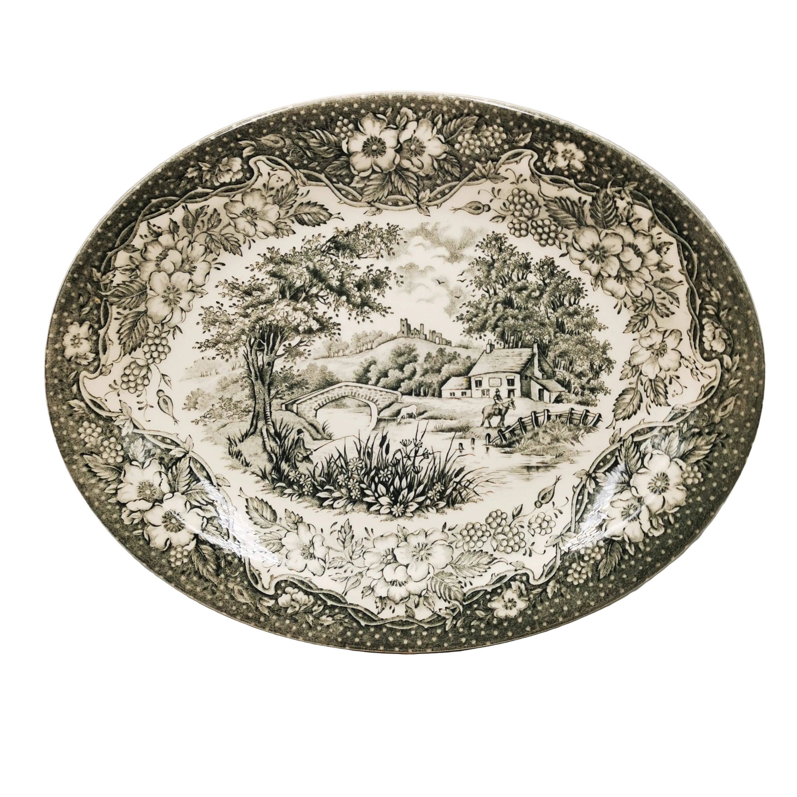 English Ironstone Tableware Grey and White China English Scenery Oval ...