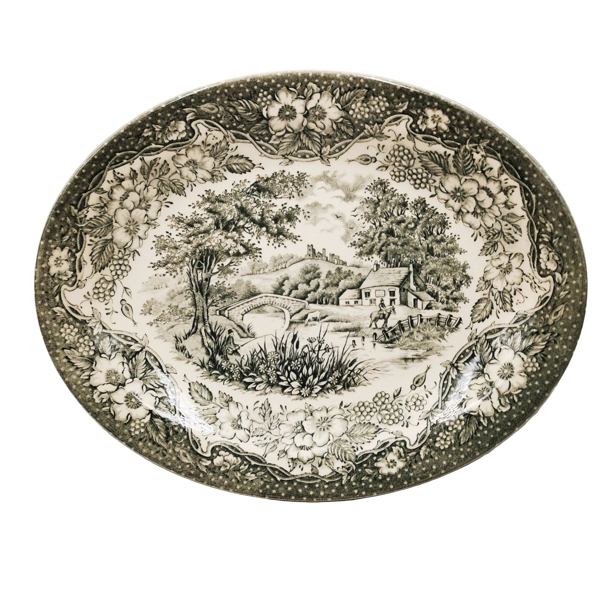 English Ironstone Tableware Grey and White China English Scenery Oval Platter