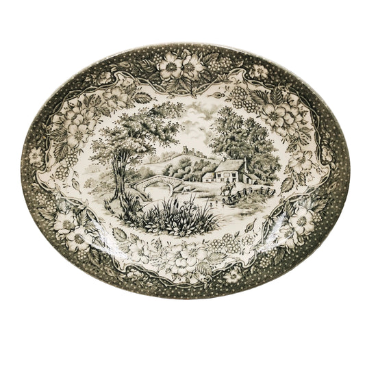 English Ironstone Tableware Grey and White China English Scenery Oval Platter