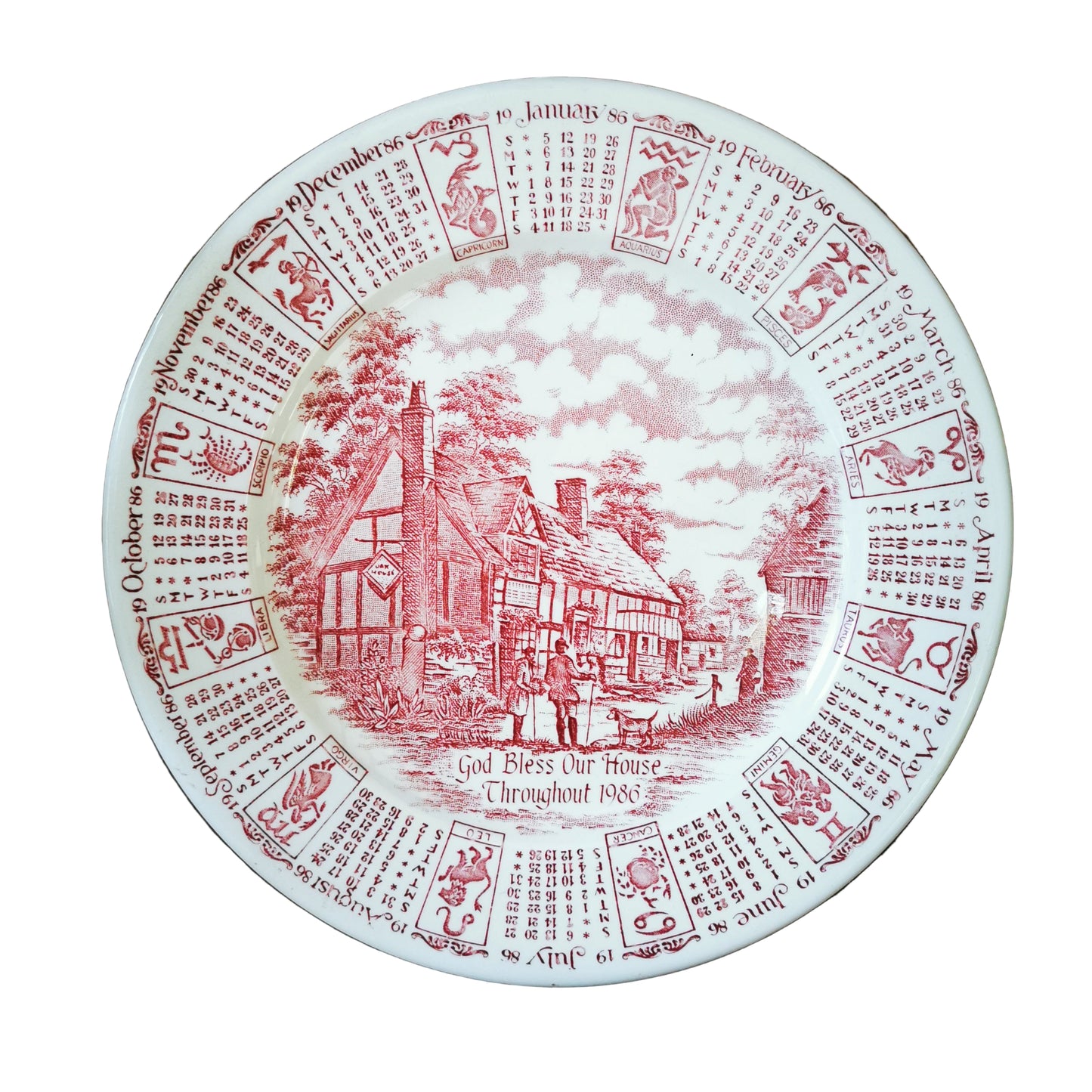 English Ironstone Tableware Red and White China 1986 Calender 9.75-inch Plate