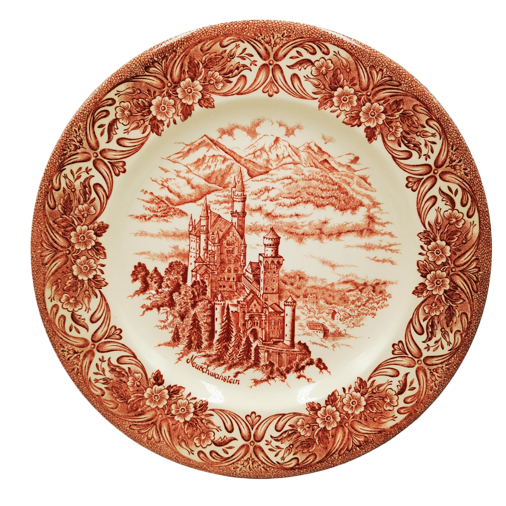 English Ironstone Tableware Red and White China Neuschwanstein Castle 9-5/8th-inch Plate