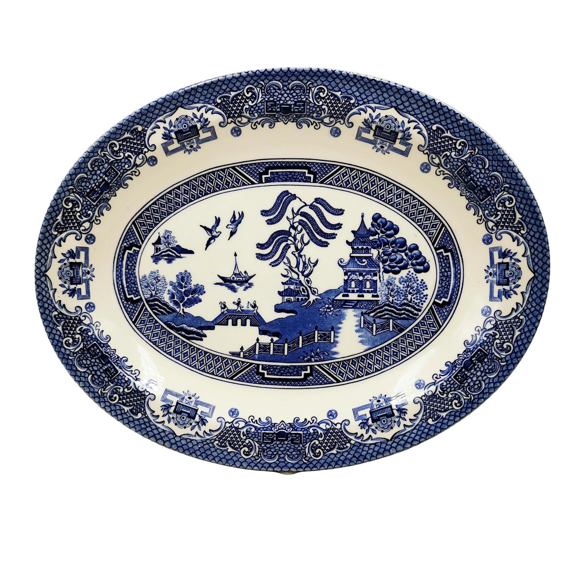 English Ironstone Tableware Willow Blue and White China 11.5-inch Oval Platter