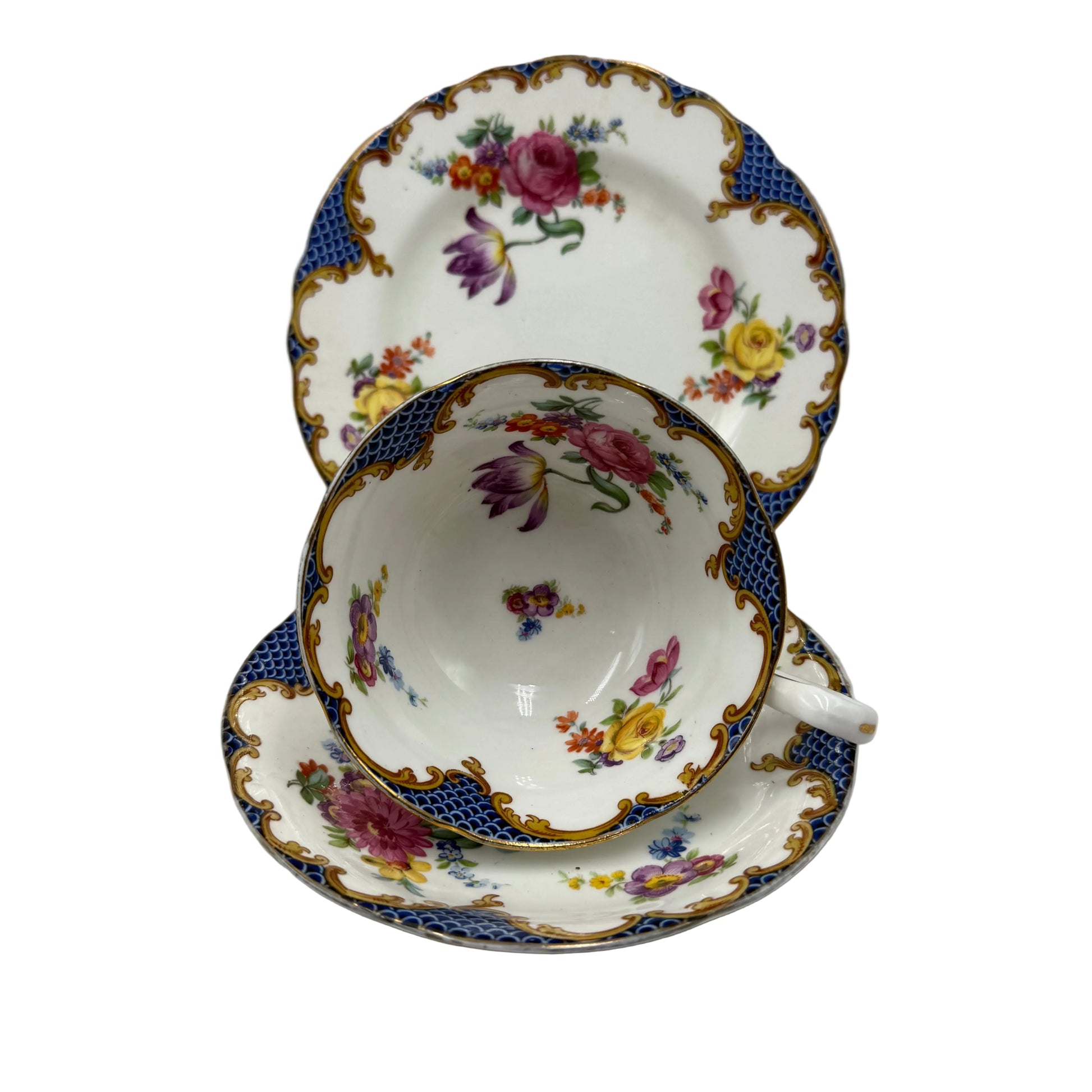 Exquisite-Aynsley-Open-Bowl-China-13991-Floral-Teacup-Saucer-&-Side-Plate