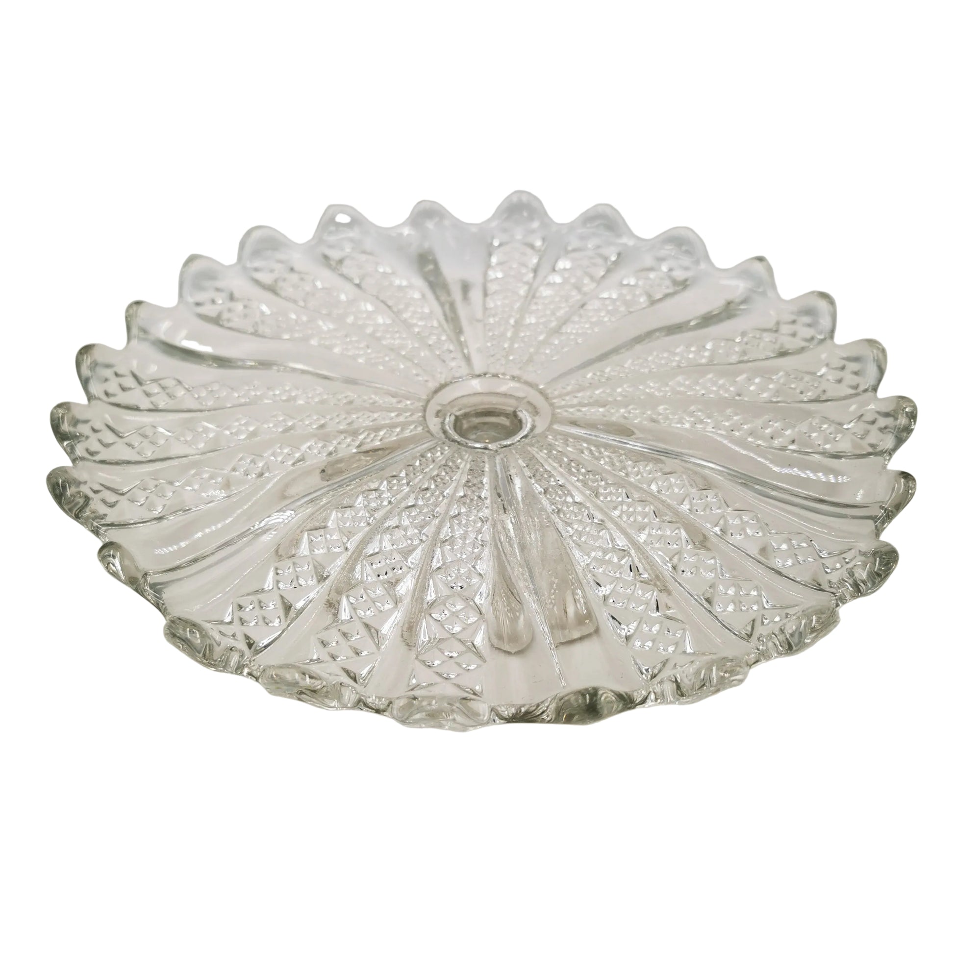 Vintage English Tri-Molded Clear Glass Cake Stand with Scallop Rims