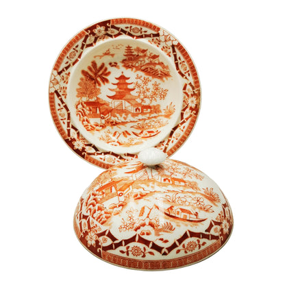 Antique Grainger's Worcester China Two Temples Lidded Muffin Dish