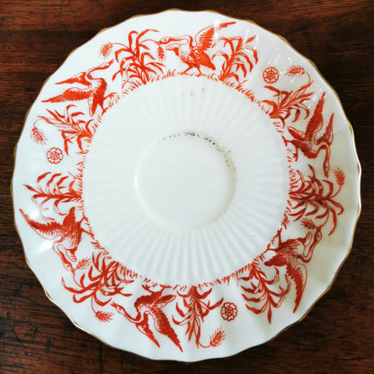 Antique Coalport Porcelain Coral Red Birds China Breakfast Cup Trio c1880