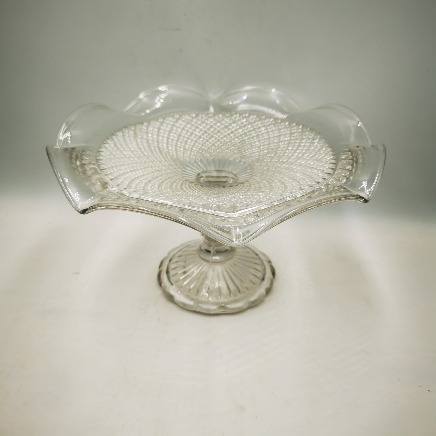 Antique Tri-Mold Clear Glass Fruit Stand
