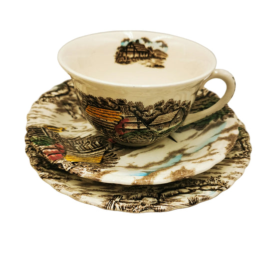 Myott China Rural Scene Teacup Saucer and Side Plate