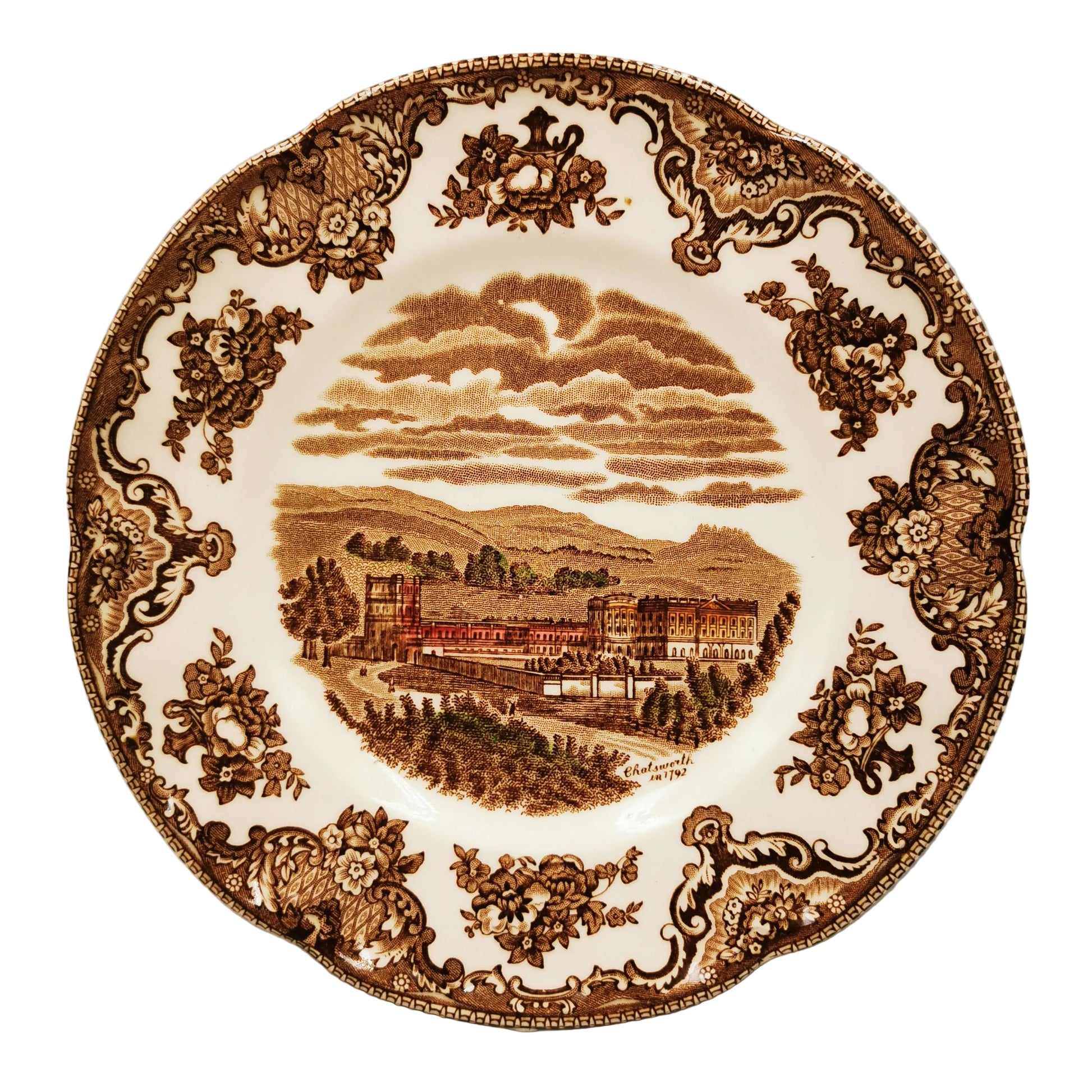 Johnson-Brothers-Brown-and-White-China-Old-Britain-Castles-Chatsworth-Dessert-Plate
