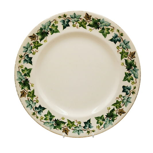 Johnson Brothers China Old Chelsea Ivy Leaf 10-inch Dinner Plate White plate with green leaf pattern on a white background