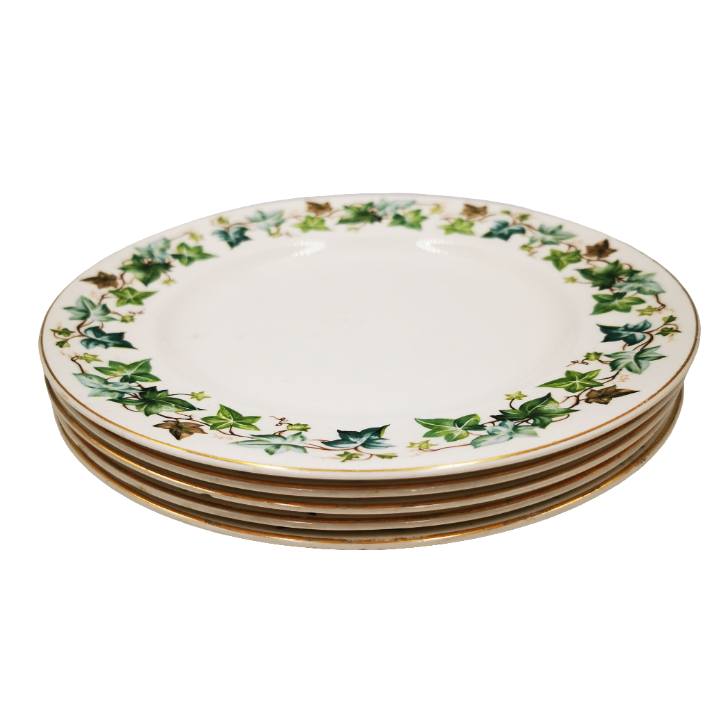 Johnson Brothers china ivy leaf
Set of four decorative plates with green leaf pattern on a white background
