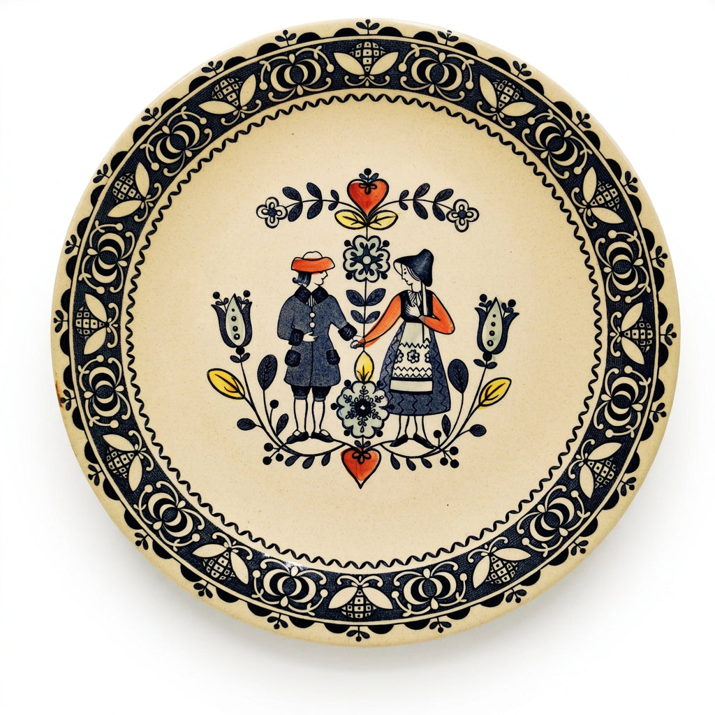 A round ceramic plate with a cream-colored glaze, featuring a wide navy blue floral border and a central folk-art style illustration of a couple surrounded by flowers and red hearts.