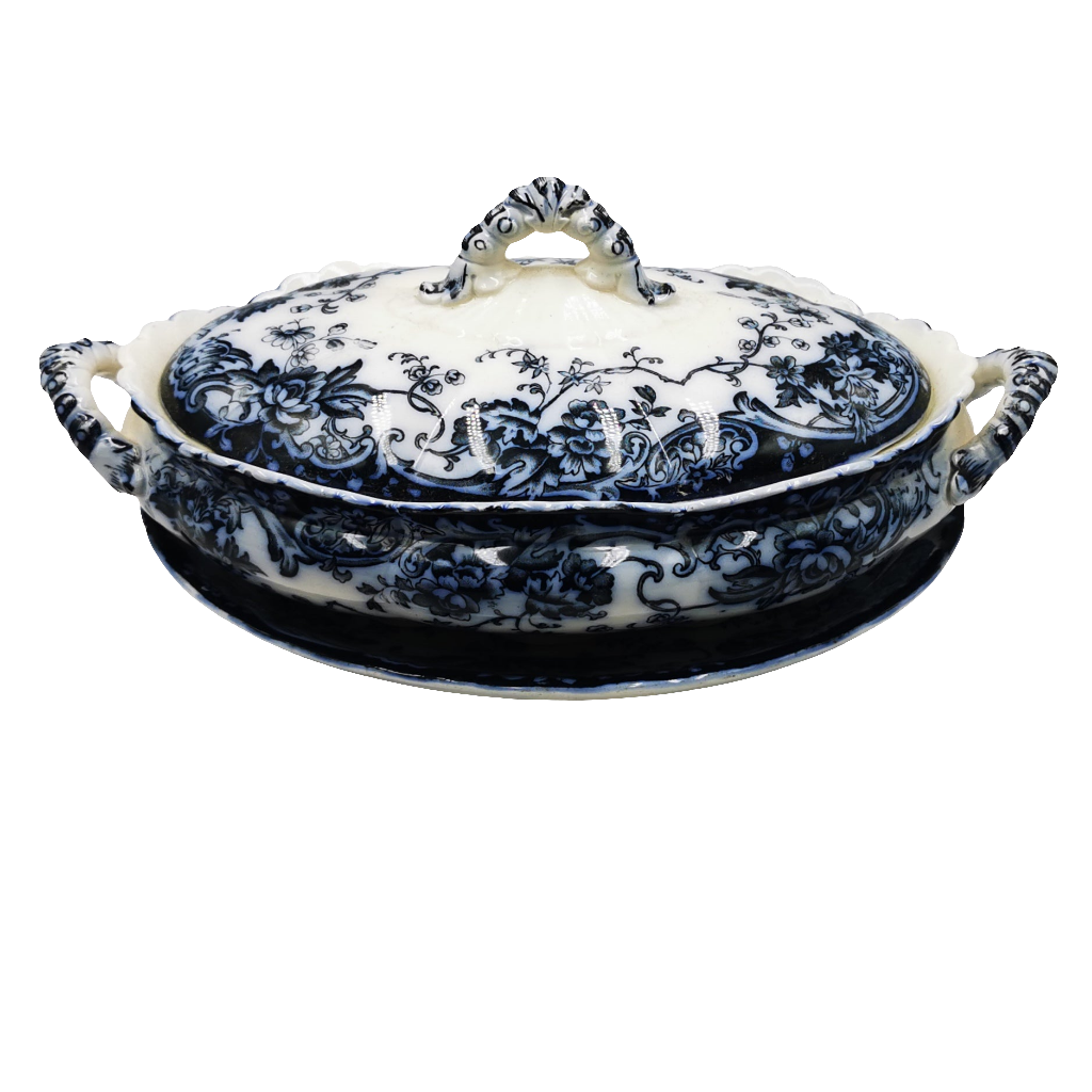 Keeling & Co Antique Blue and White Chatsworth China Oval Lidded Tureen and Stand