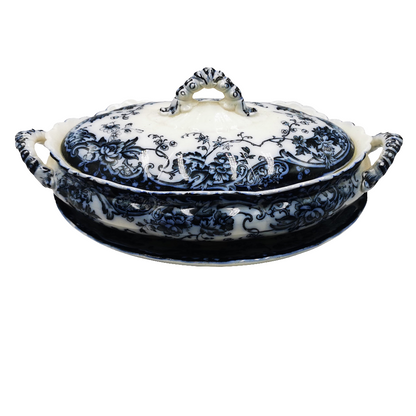 Keeling & Co Antique Blue and White Chatsworth China Oval Lidded Tureen and Stand