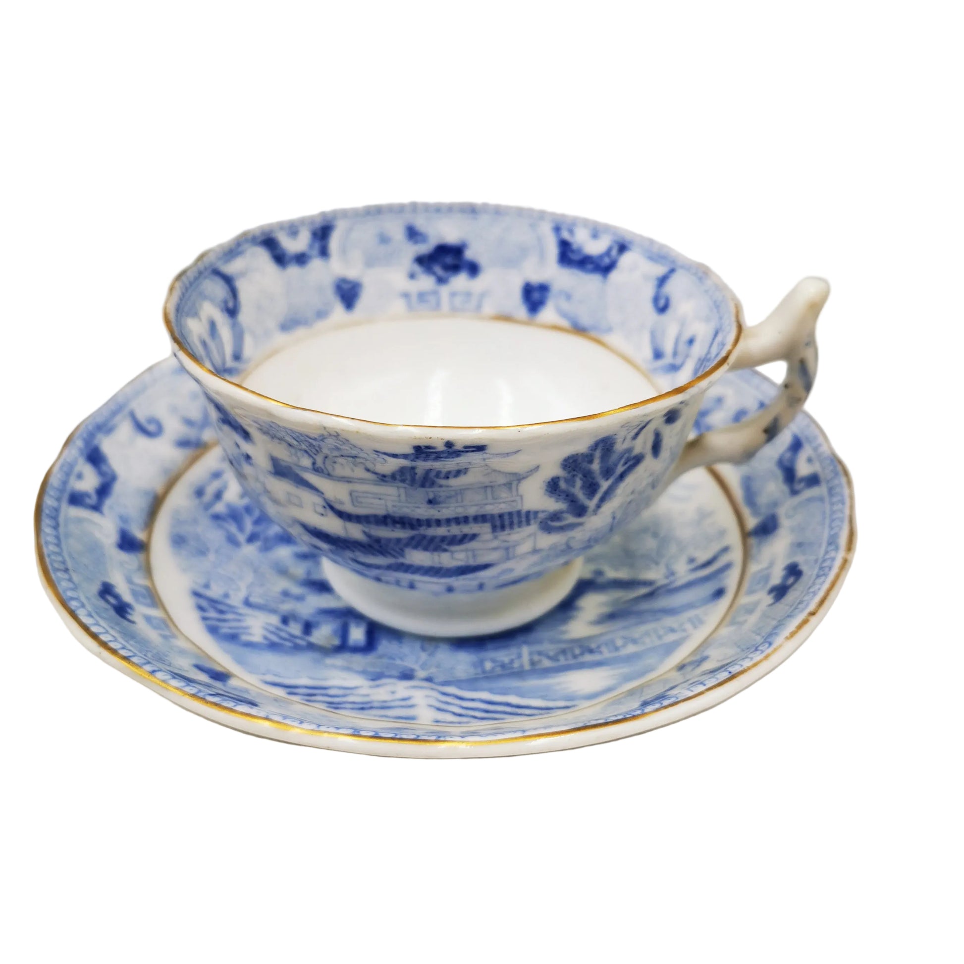 Late Georgian Blue and White Porcelain China Temples Teacup & Saucer
