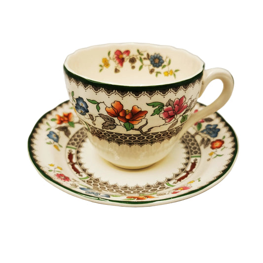 Late Spode Chinese Rose Green Rim Teacup and Saucer 2/9253