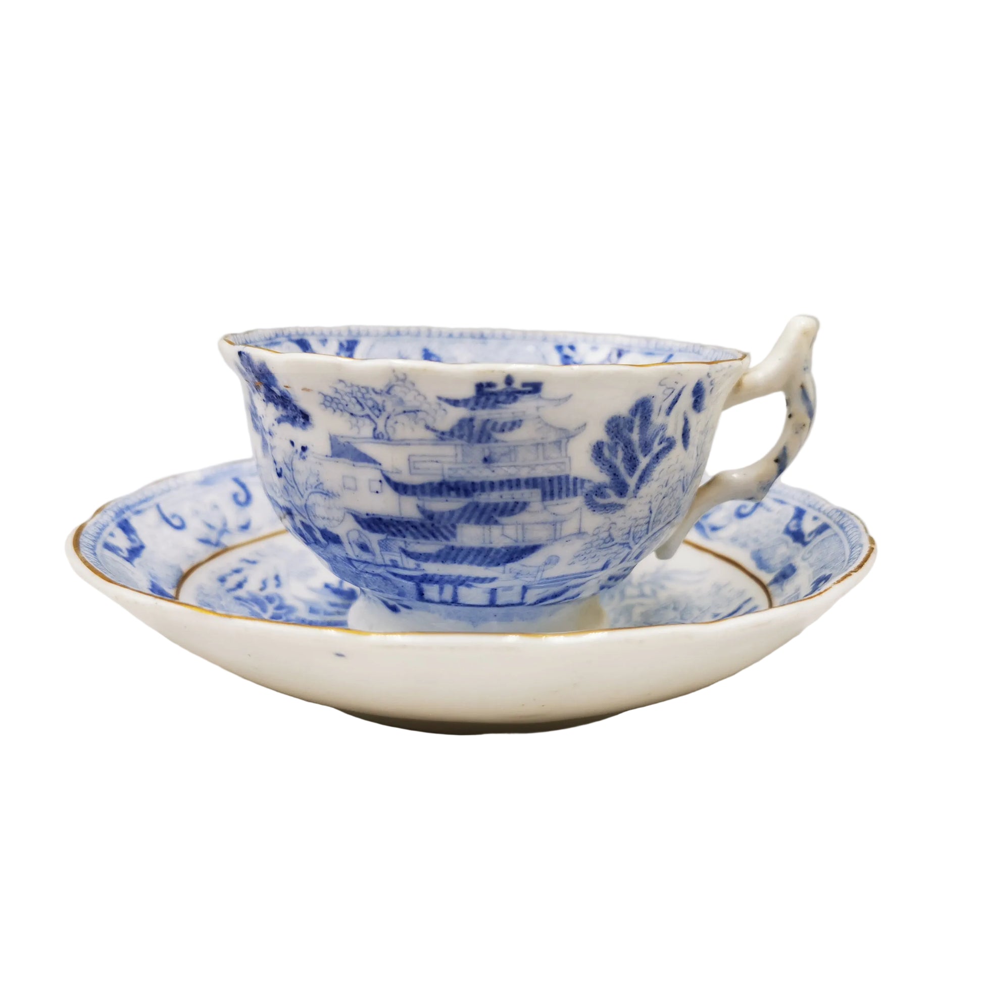 Late Georgian Blue and White Porcelain China Temples Teacup & Saucer