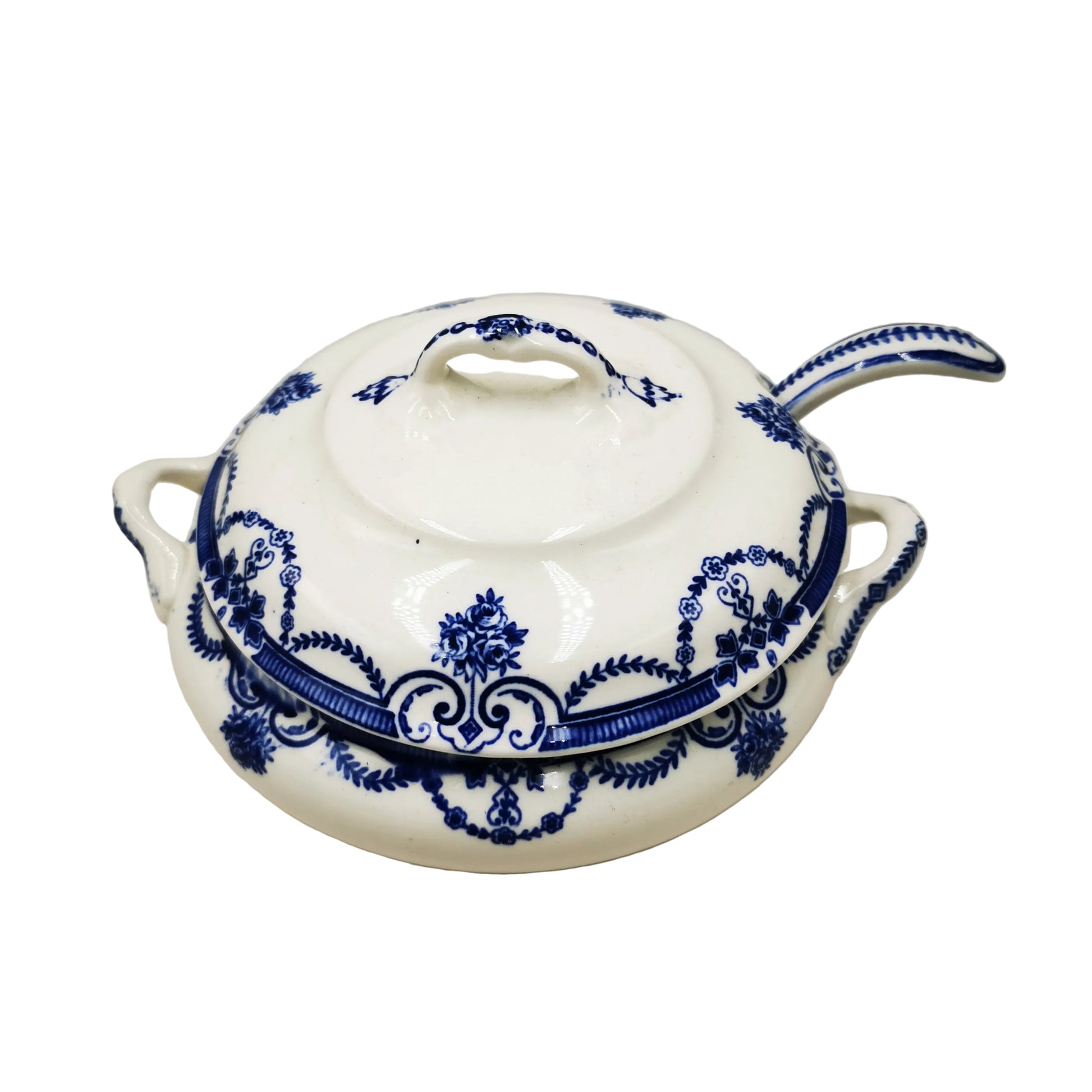Losol Ware Keeling and Co Evesham Blue and White China Lidded Sauce Tureen and Ladle