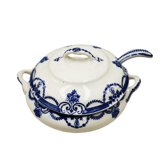 Losol Ware Keeling and Co Evesham Blue and White China Lidded Sauce Tureen and Ladle