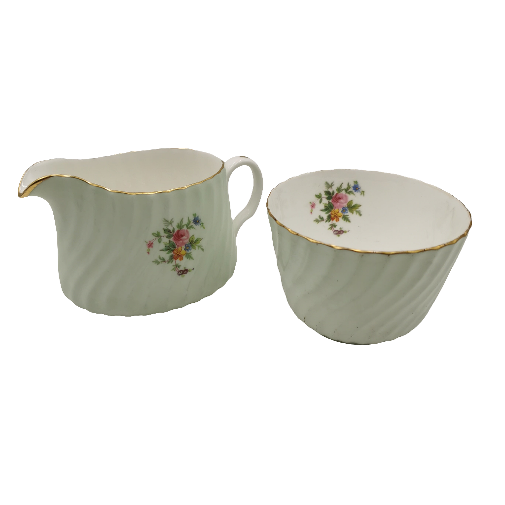 Minton Fluted Pale Green and White China Milk Jug & Sugar Bowl