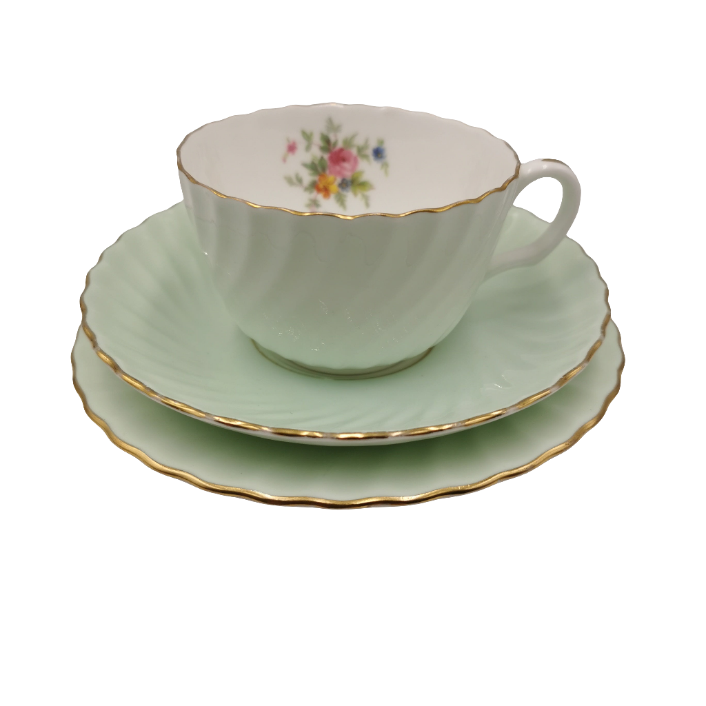 Minton Fluted Pale Green and White China Teacup Saucer & Side Plate Trio