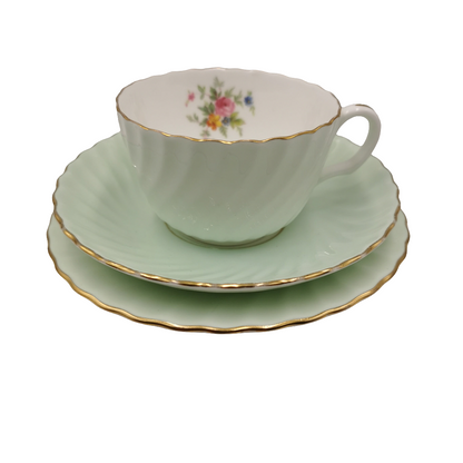 Minton Fluted Pale Green and White China Teacup Saucer & Side Plate Trio