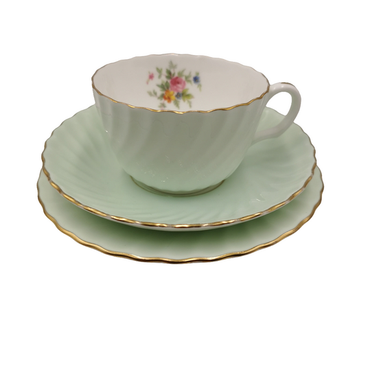 Minton Fluted Pale Green and White China Teacup Saucer & Side Plate Trio