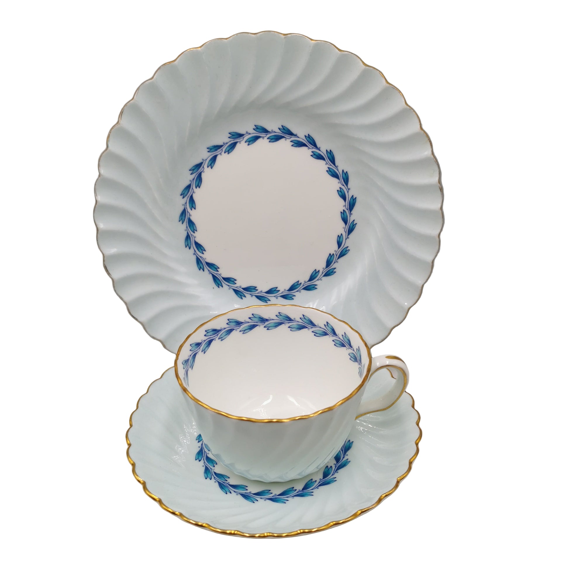 Mintons China Blue Cheviot S451 Teacup Trio